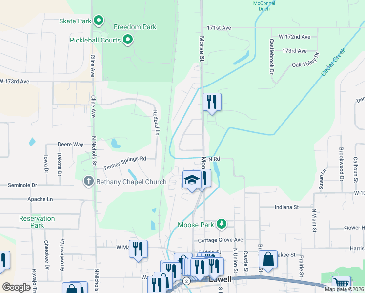 map of restaurants, bars, coffee shops, grocery stores, and more near 7355 South Willowbrook Drive in Lowell