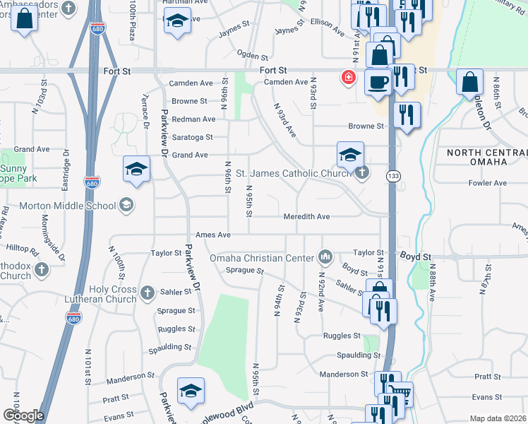 map of restaurants, bars, coffee shops, grocery stores, and more near 9418 Ames Avenue in Omaha