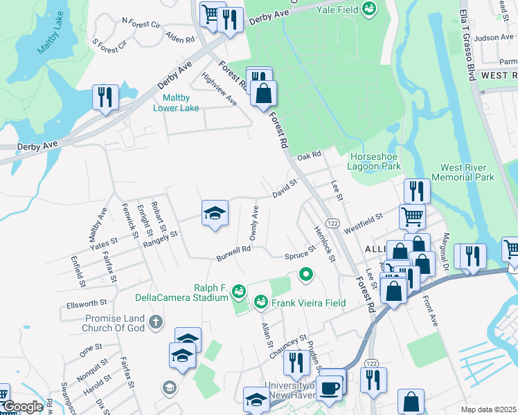 map of restaurants, bars, coffee shops, grocery stores, and more near 37 Ownly Avenue in West Haven