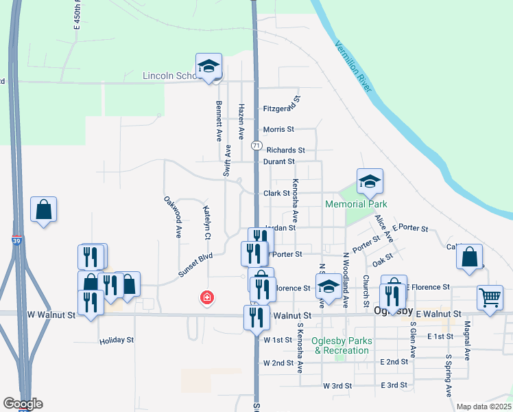 map of restaurants, bars, coffee shops, grocery stores, and more near 423 North Columbia Avenue in Oglesby