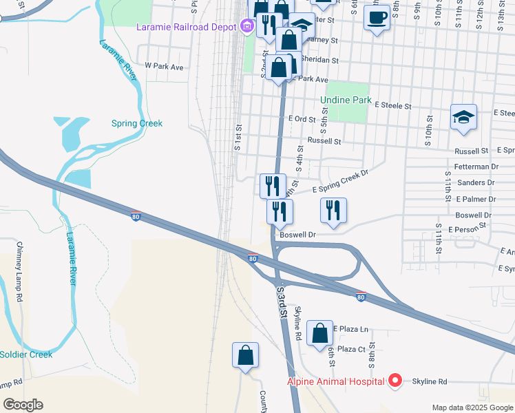 map of restaurants, bars, coffee shops, grocery stores, and more near 1413 South 2nd Street in Laramie