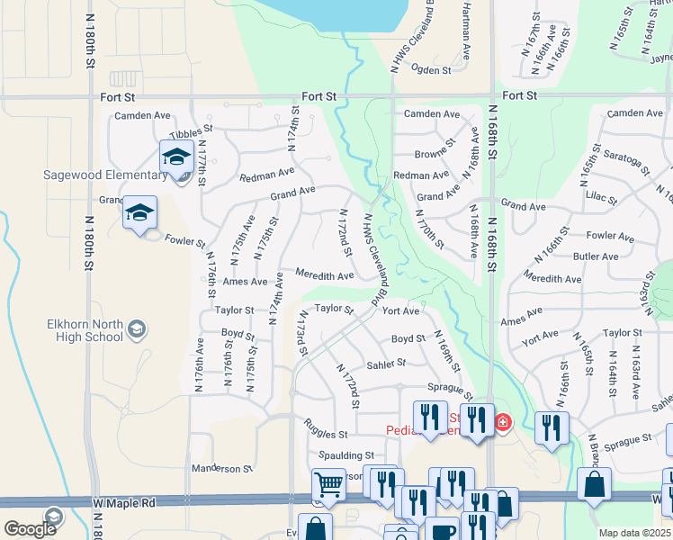 map of restaurants, bars, coffee shops, grocery stores, and more near 17211 Meredith Avenue in Omaha
