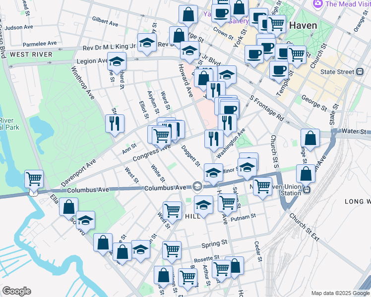 map of restaurants, bars, coffee shops, grocery stores, and more near 75 Daggett Street in New Haven