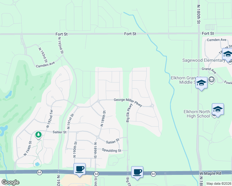 map of restaurants, bars, coffee shops, grocery stores, and more near 18707 Fowler Street in Douglas County
