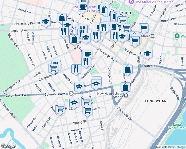 map of restaurants, bars, coffee shops, grocery stores, and more near 10 Amistad Street in New Haven