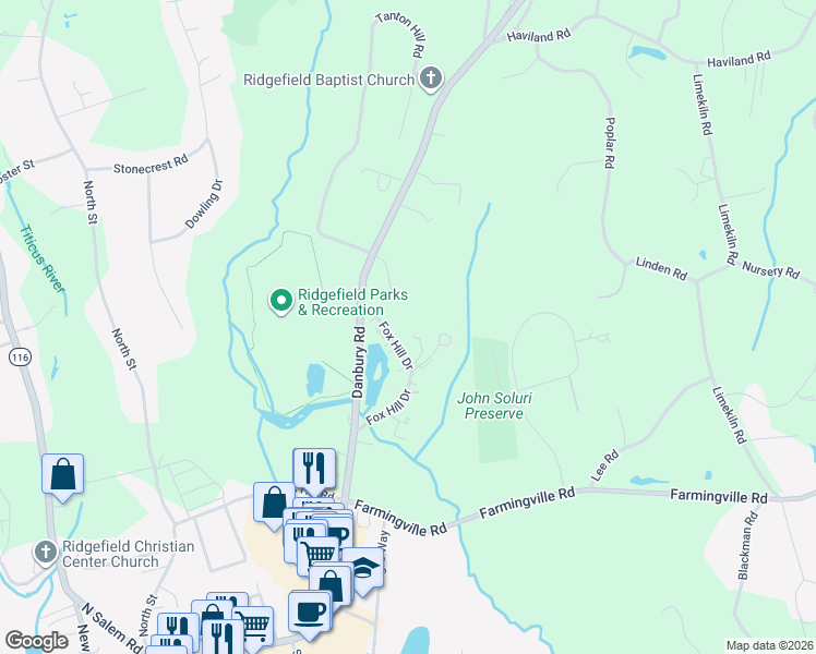map of restaurants, bars, coffee shops, grocery stores, and more near 2 Redwood Lane in Ridgefield