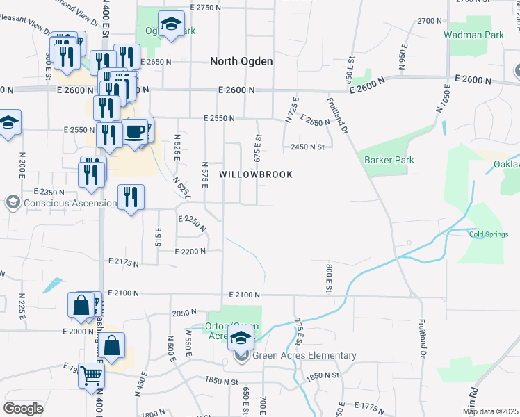 map of restaurants, bars, coffee shops, grocery stores, and more near 691 East 2350 North in Ogden