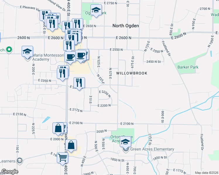 map of restaurants, bars, coffee shops, grocery stores, and more near 2323 North 575 East in Ogden