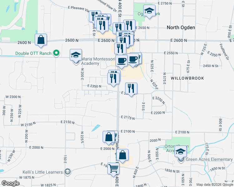 map of restaurants, bars, coffee shops, grocery stores, and more near 2357 North Washington Road Boulevard in North Ogden
