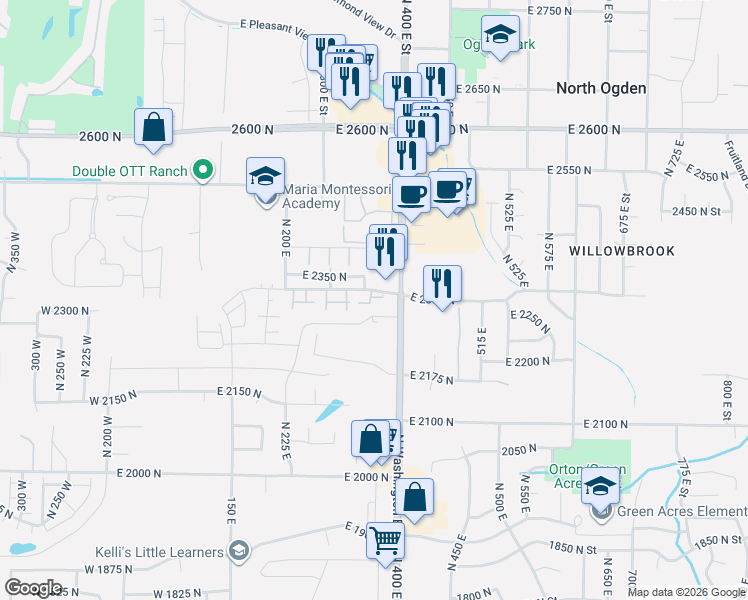 map of restaurants, bars, coffee shops, grocery stores, and more near 2329 North 350 East in Ogden