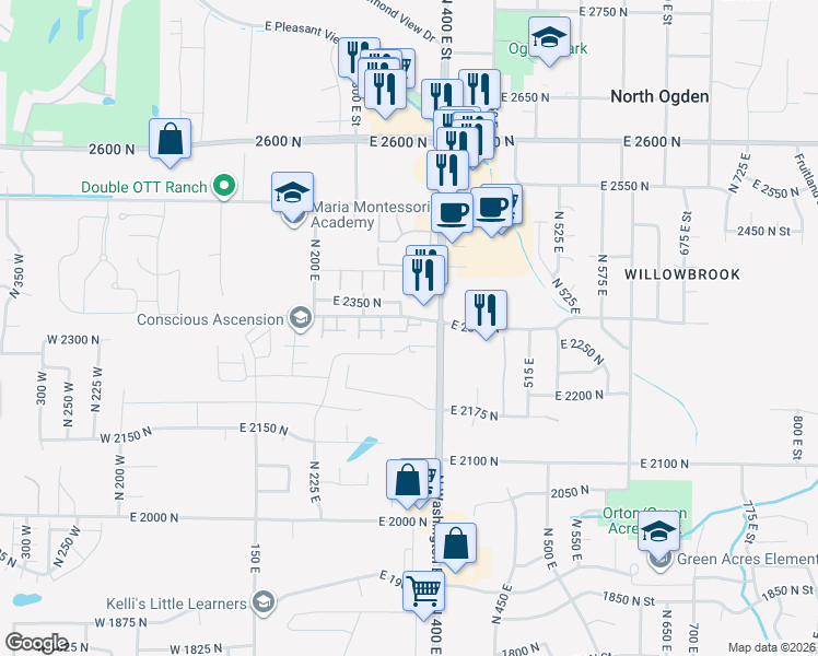 map of restaurants, bars, coffee shops, grocery stores, and more near 2329 North 350 East in Ogden