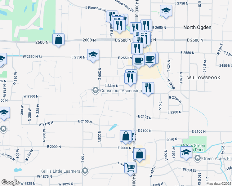 map of restaurants, bars, coffee shops, grocery stores, and more near 2355 North 275 East in North Ogden