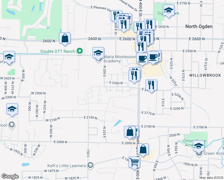 map of restaurants, bars, coffee shops, grocery stores, and more near 2355 North 275 East in North Ogden