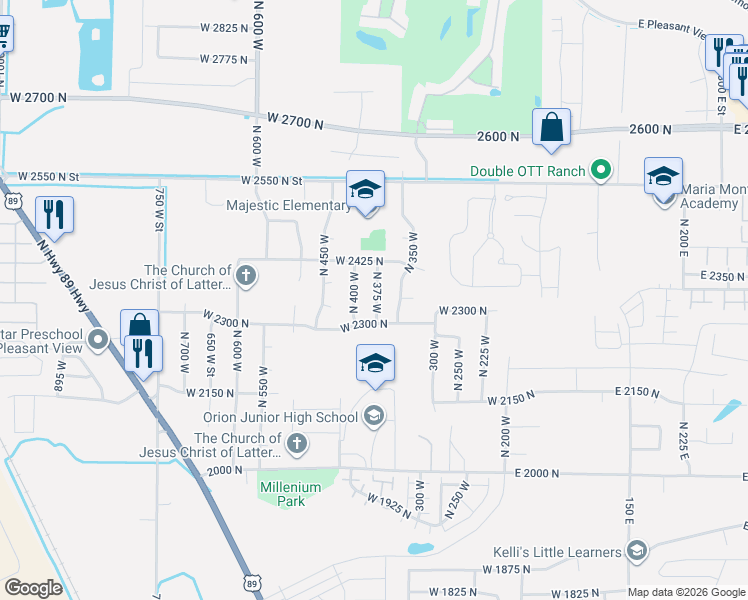 map of restaurants, bars, coffee shops, grocery stores, and more near 2403 North 375 West in Ogden