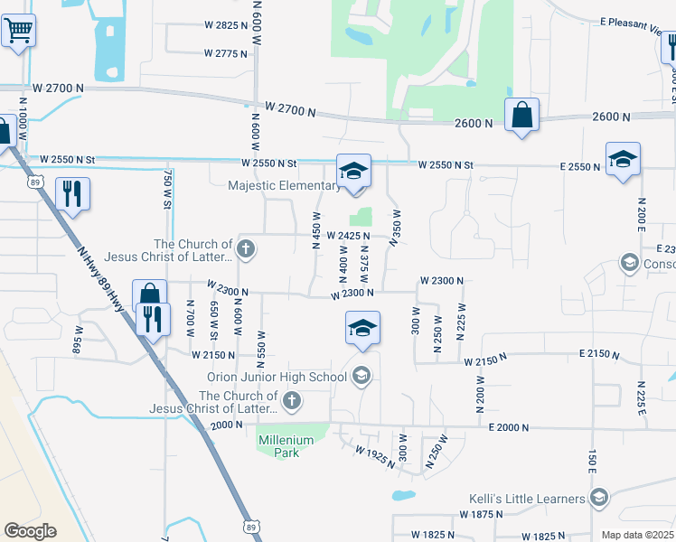 map of restaurants, bars, coffee shops, grocery stores, and more near 2374 North 450 West in Ogden