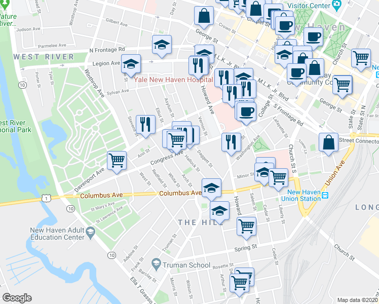 map of restaurants, bars, coffee shops, grocery stores, and more near 517 Congress Avenue in New Haven