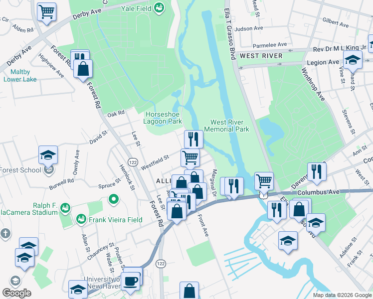 map of restaurants, bars, coffee shops, grocery stores, and more near in West Haven