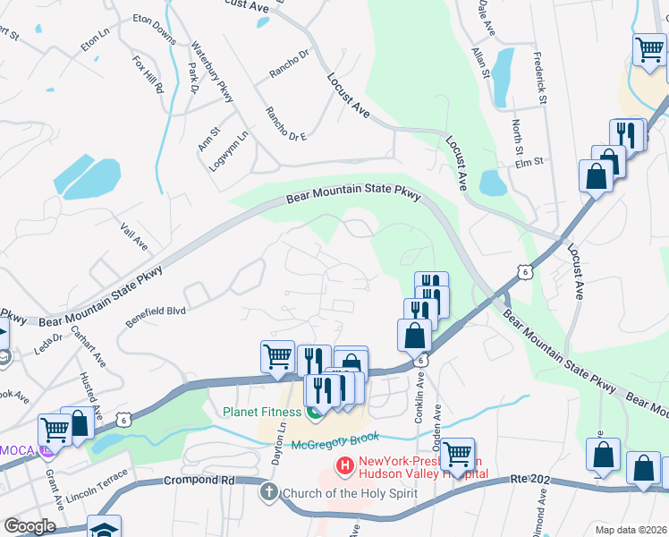 map of restaurants, bars, coffee shops, grocery stores, and more near 33 Huntington Circle in Peekskill