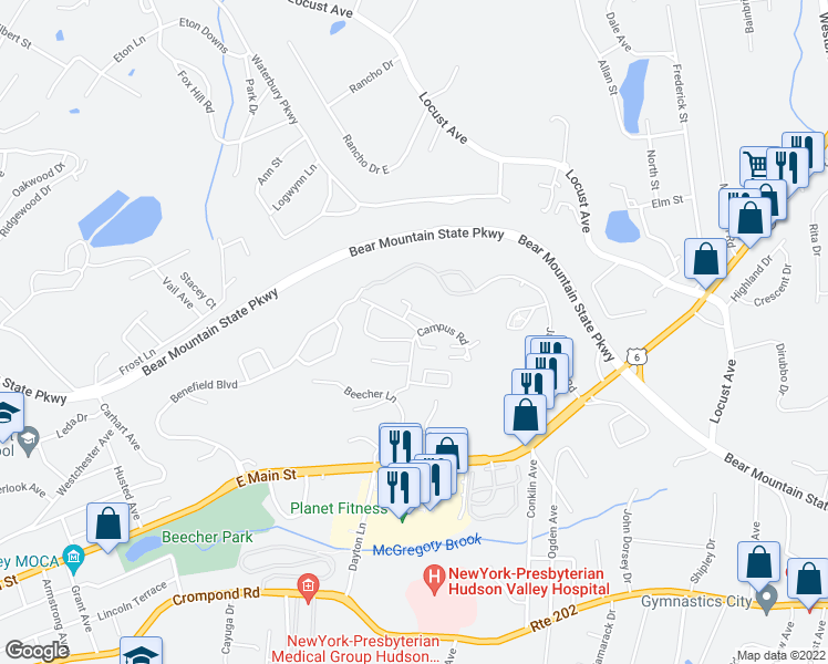 map of restaurants, bars, coffee shops, grocery stores, and more near 10 Edinburg Drive in Peekskill
