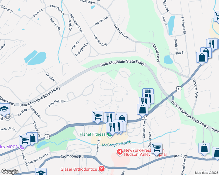 map of restaurants, bars, coffee shops, grocery stores, and more near 10 Edinburg Drive in Peekskill