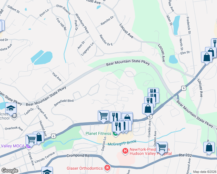 map of restaurants, bars, coffee shops, grocery stores, and more near 179 Benefield Boulevard in Peekskill