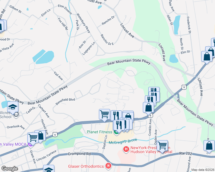 map of restaurants, bars, coffee shops, grocery stores, and more near 179 Benefield Boulevard in Peekskill