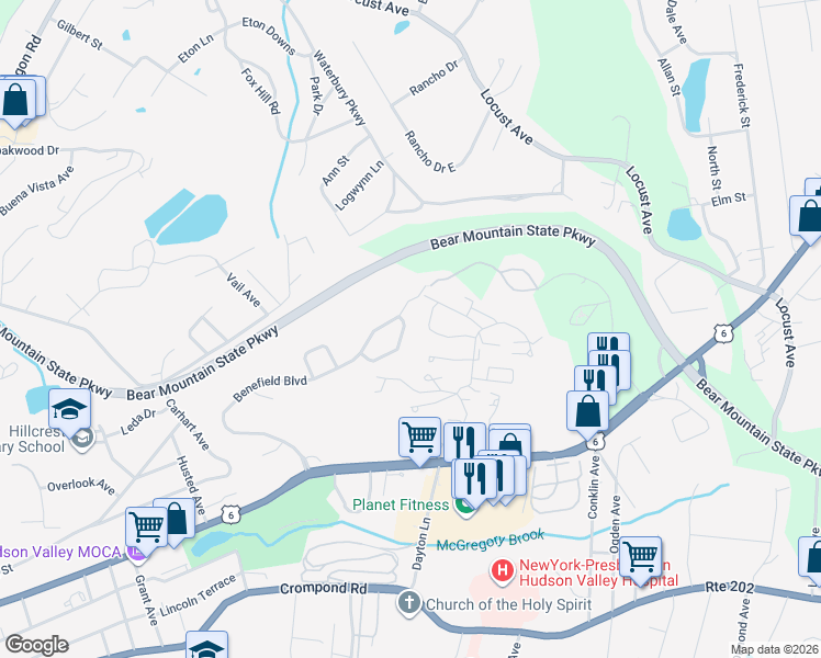 map of restaurants, bars, coffee shops, grocery stores, and more near 179 Benefield Boulevard in Peekskill