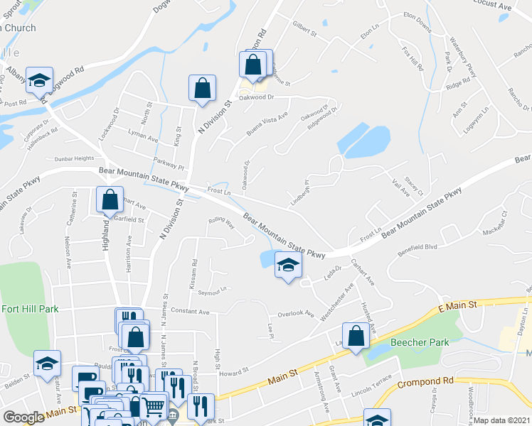 map of restaurants, bars, coffee shops, grocery stores, and more near 1110 Frost Lane in Peekskill