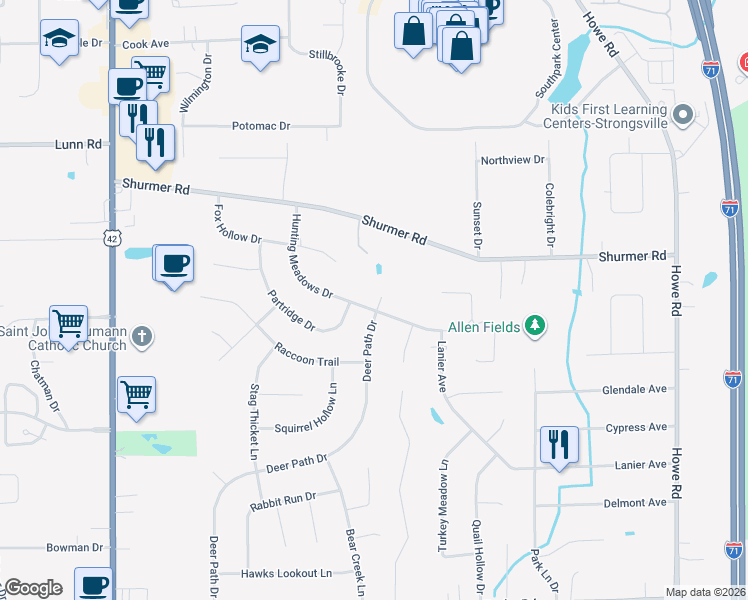 map of restaurants, bars, coffee shops, grocery stores, and more near 17060 Hunting Meadows Drive in Strongsville