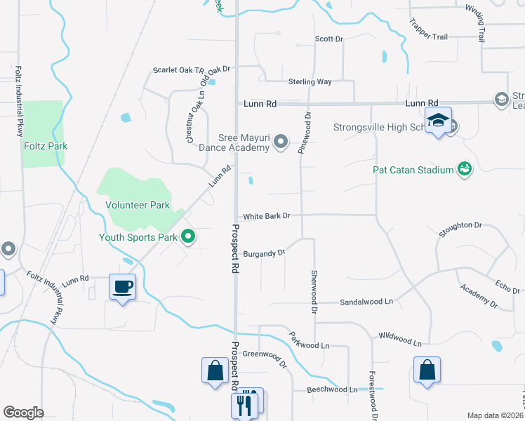 map of restaurants, bars, coffee shops, grocery stores, and more near 20773 Pineview Circle in Strongsville