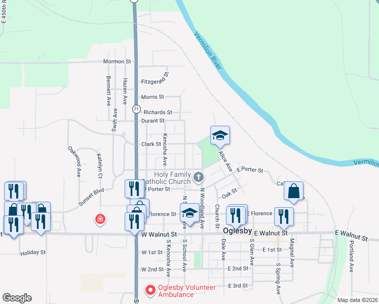 map of restaurants, bars, coffee shops, grocery stores, and more near 304 Clark Street in Oglesby