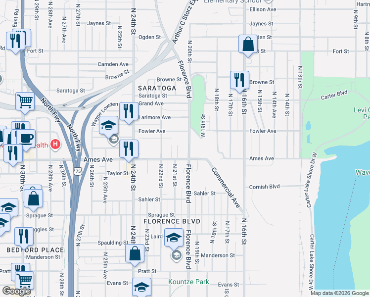 map of restaurants, bars, coffee shops, grocery stores, and more near 2017 Fowler Avenue in Omaha