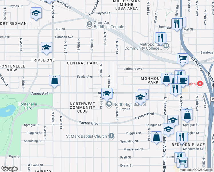 map of restaurants, bars, coffee shops, grocery stores, and more near 4543 North 36th Avenue in Omaha