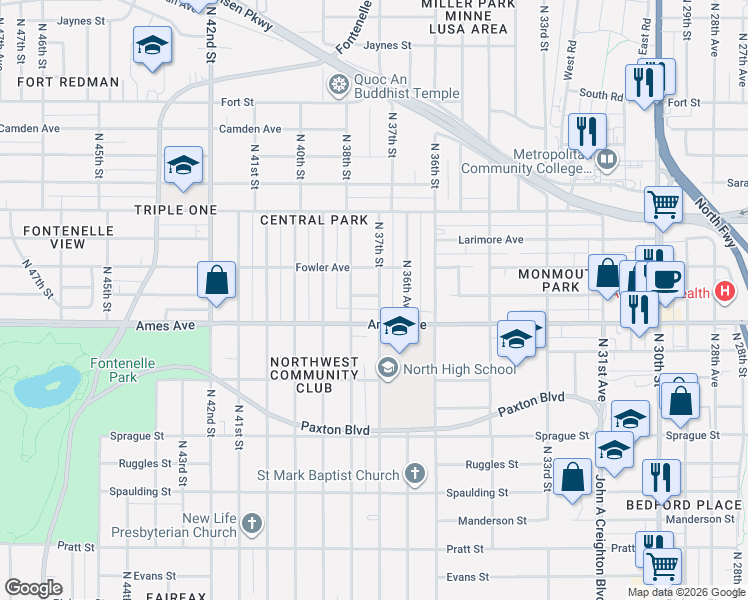 map of restaurants, bars, coffee shops, grocery stores, and more near 4615 North 37th Street in Omaha