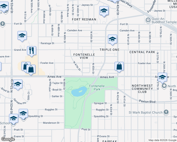 map of restaurants, bars, coffee shops, grocery stores, and more near 4657 North 45th Avenue in Omaha