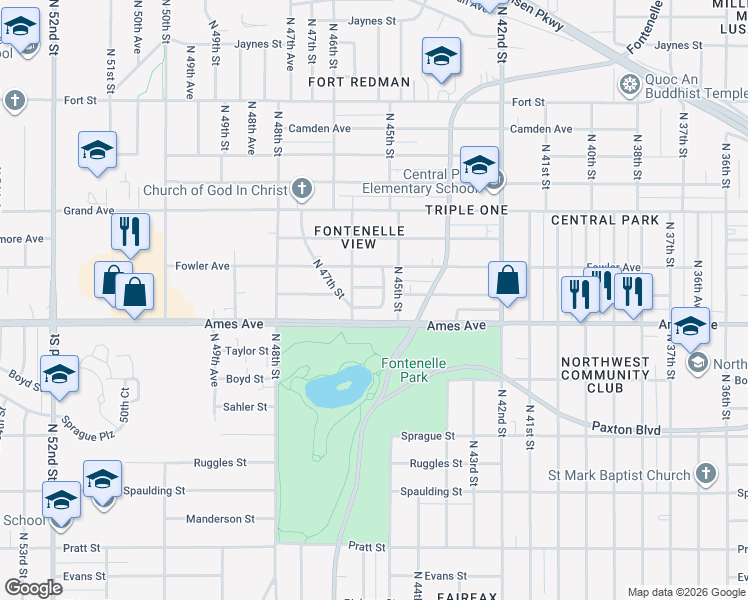 map of restaurants, bars, coffee shops, grocery stores, and more near 4552 Butler Avenue in Omaha