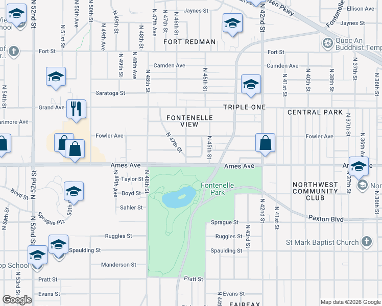 map of restaurants, bars, coffee shops, grocery stores, and more near 4552 Butler Avenue in Omaha