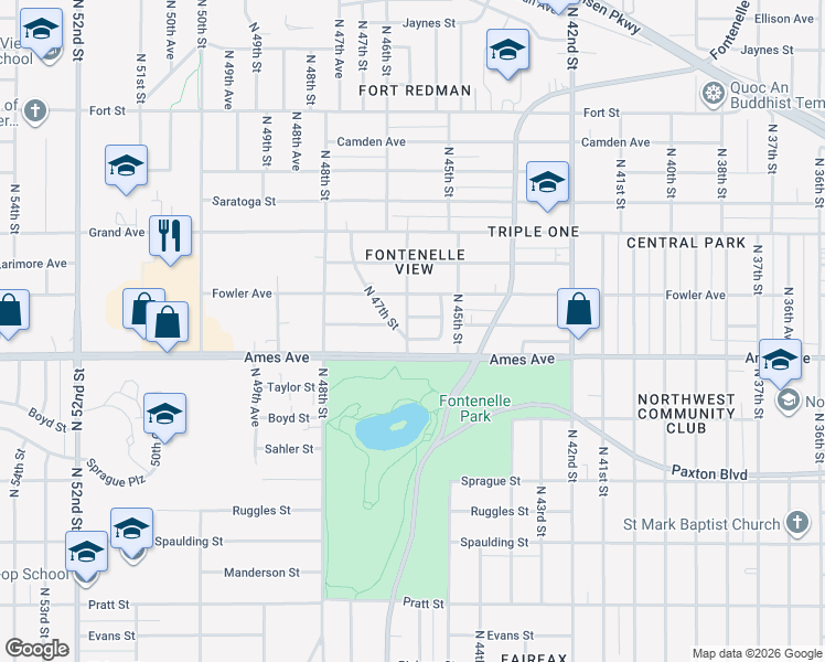 map of restaurants, bars, coffee shops, grocery stores, and more near 4552 Butler Avenue in Omaha