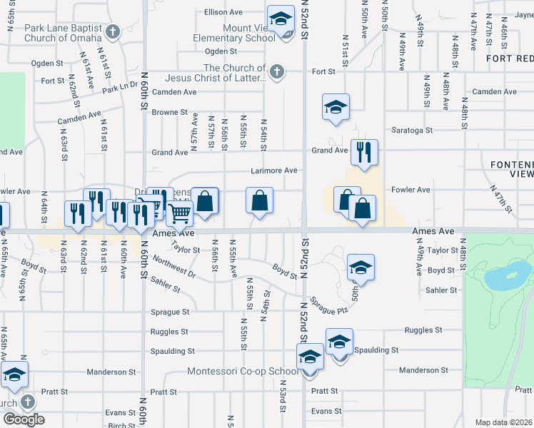 map of restaurants, bars, coffee shops, grocery stores, and more near 4617 North 54th Circle in Omaha