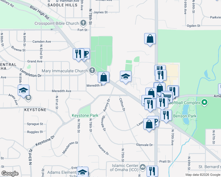 map of restaurants, bars, coffee shops, grocery stores, and more near in Omaha