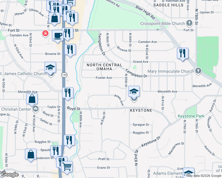 map of restaurants, bars, coffee shops, grocery stores, and more near 4610 North 86th Street in Omaha
