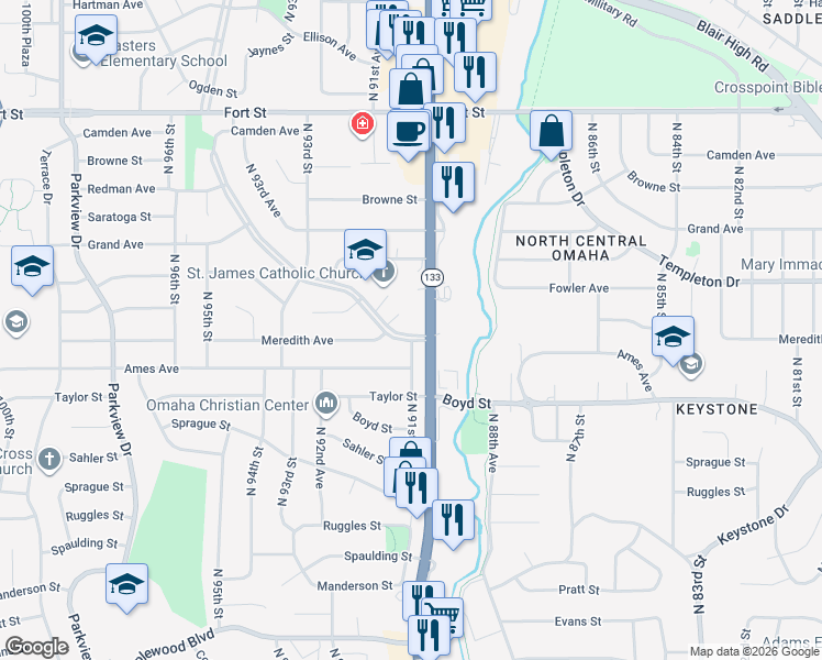 map of restaurants, bars, coffee shops, grocery stores, and more near 9114 Meredith Circle in Omaha