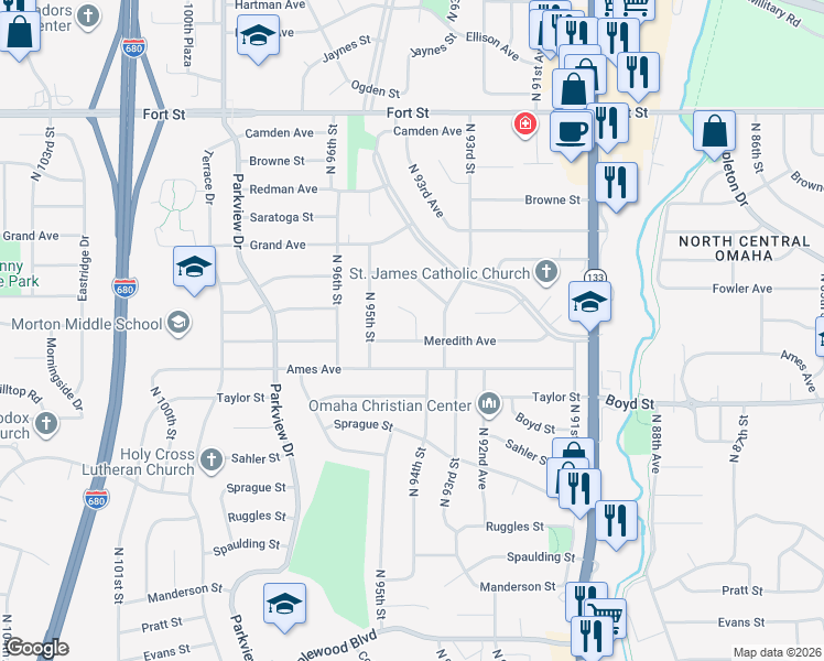 map of restaurants, bars, coffee shops, grocery stores, and more near 4645 North 94th Street in Omaha