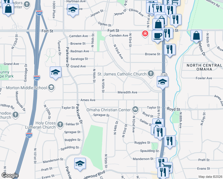 map of restaurants, bars, coffee shops, grocery stores, and more near 4645 North 94th Street in Omaha