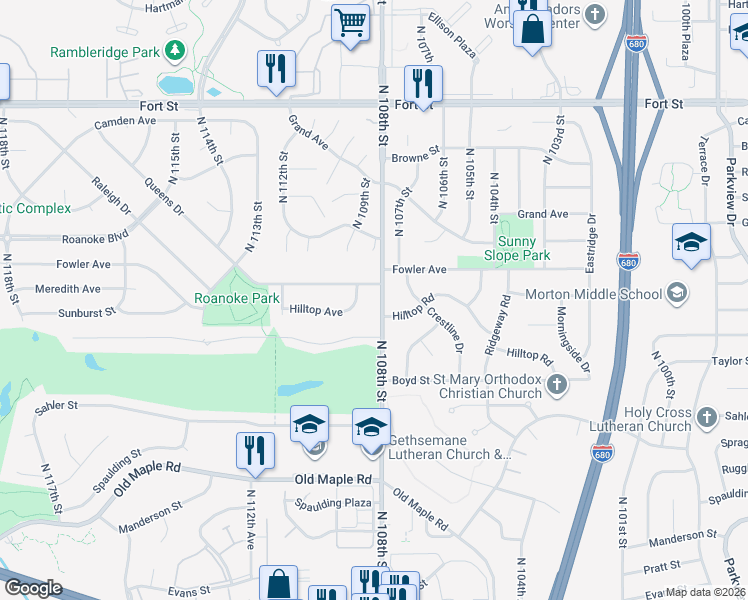 map of restaurants, bars, coffee shops, grocery stores, and more near 10824 Fowler Avenue in Omaha