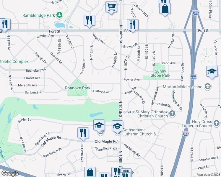 map of restaurants, bars, coffee shops, grocery stores, and more near 10824 Fowler Avenue in Omaha