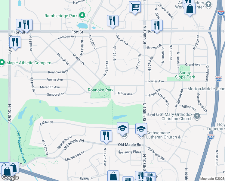 map of restaurants, bars, coffee shops, grocery stores, and more near 11032 Fowler Avenue in Omaha