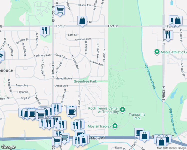 map of restaurants, bars, coffee shops, grocery stores, and more near 4651 North 127th Street in Omaha