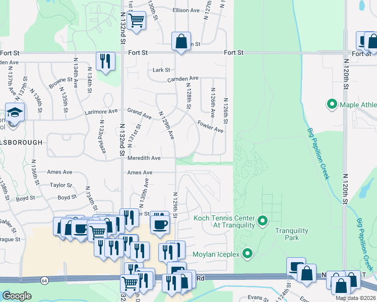 map of restaurants, bars, coffee shops, grocery stores, and more near 12741 Fowler Circle in Omaha