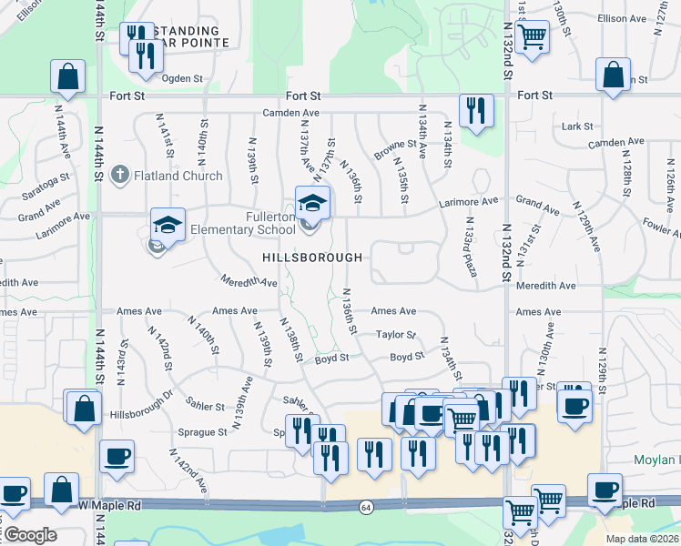 map of restaurants, bars, coffee shops, grocery stores, and more near 4702 North 136th Street in Omaha